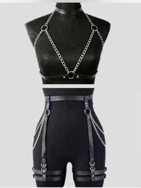 Black Faux Leather Chain Harness Set New